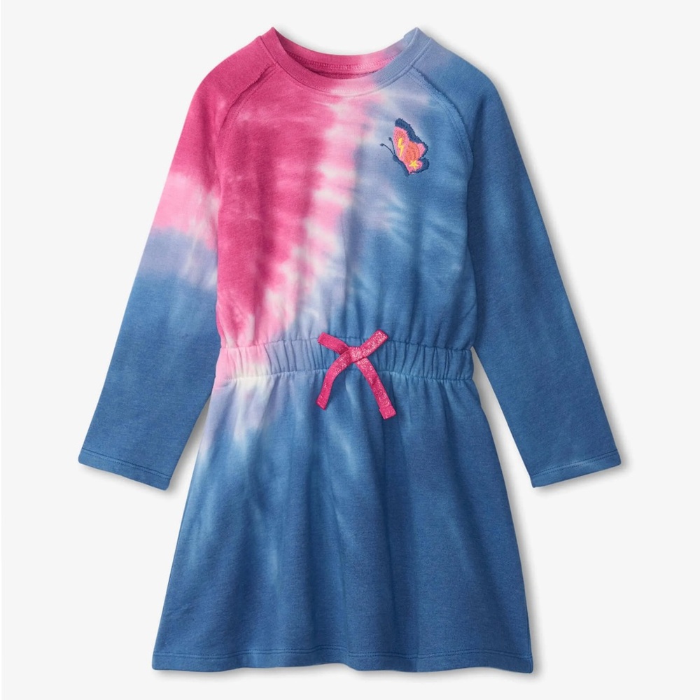 Hatley Tie-Dye Long Sleeve Cinched Waist Dress with Embroidered Butterfly